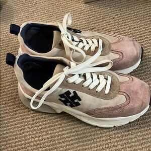 Tory Burch Pink and Cream Suede Sneakers
